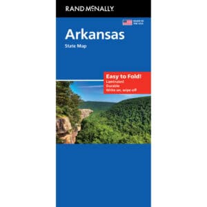 Vivid Arkansas state map by Rand McNally, featuring detailed topographical and city information, durable laminated foldable design for travel and exploration.