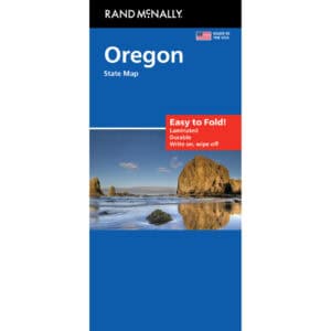 Vibrant Oregon state map with scenic coastal rocks and ocean view, printed on durable, laminated paper, easy to fold, write on, and wipe off, perfect for travelers and outdoor enthusiasts.