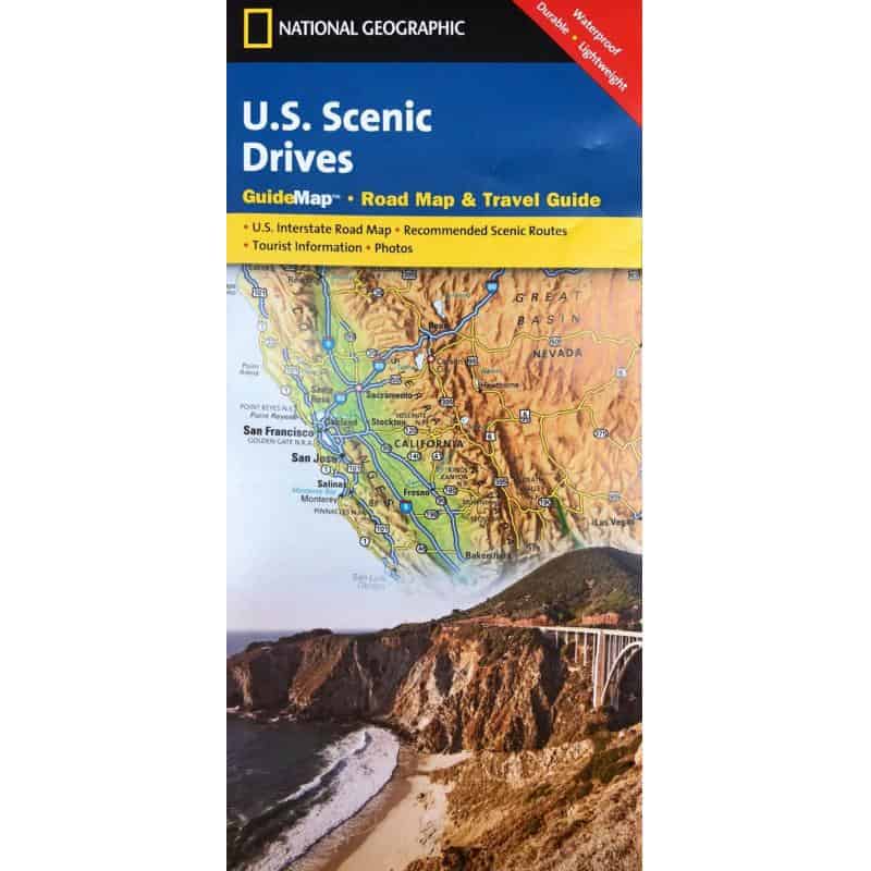Detailed map of U.S. scenic drives and travel routes featuring California and Nevada, including tips for road trips, tourist attractions, and scenic destinations for adventurers.