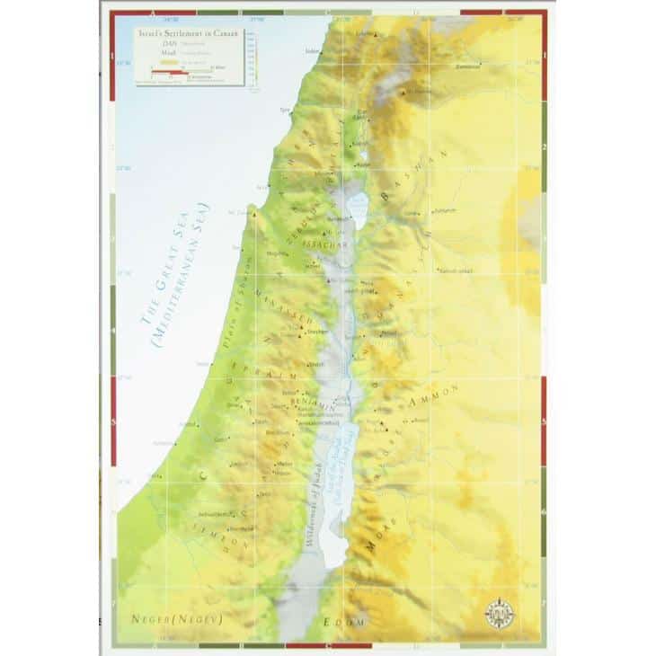 A topographic map of Israel showing settlements, elevation, and geographical features, ideal for travel planning and geographic research.