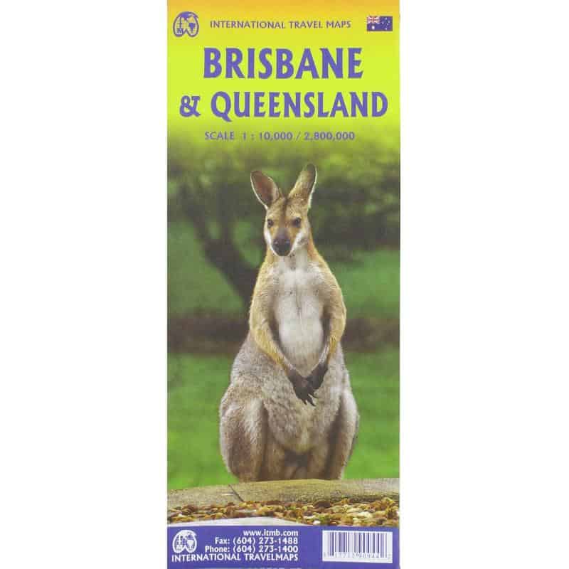 Colorful travel map of Brisbane & Queensland with kangaroo image, detailed street and regional info, perfect for explorers and tourists.