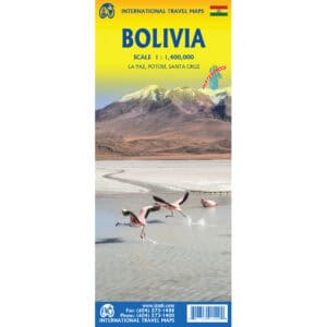 Bolivia travel map with mountain landscape, flamingos, and salt flats, waterproof cover, La Paz, Potosí, Santa Cruz regions, detailed international travel map at 1:1,400,000 scale, ideal for travelers and explorers.