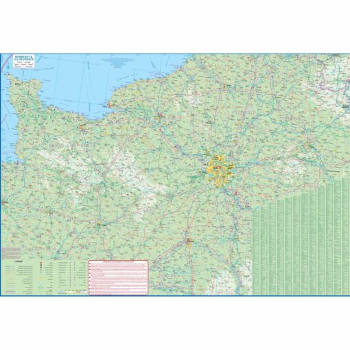 Detailed map of Normandy and Île-de-France regions, showcasing roads, cities, landmarks, and topographical features for accurate navigation and travel planning.