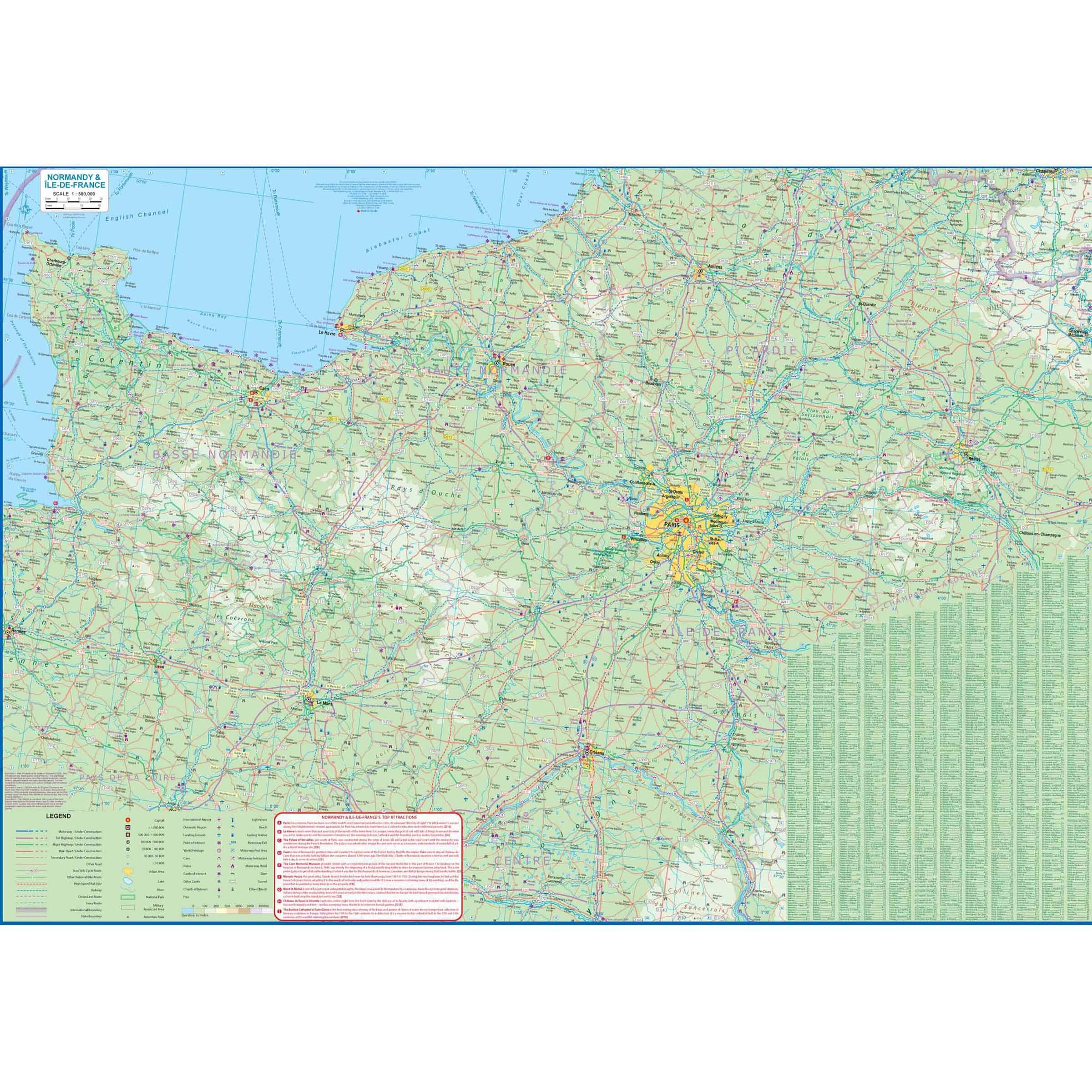 Detailed map of Normandy and Île-de-France regions, showcasing roads, cities, landmarks, and topographical features for accurate navigation and travel planning.