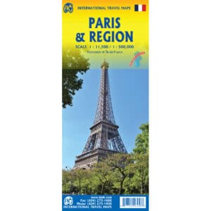 Waterproof Paris Eiffel Tower travel map, Normandy & Île-de-France region, detailed tourist map, scale 1:11,500 and 1:500,000, ideal for travelers exploring France.