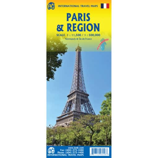 Waterproof Paris Eiffel Tower travel map, Normandy & Île-de-France region, detailed tourist map, scale 1:11,500 and 1:500,000, ideal for travelers exploring France.