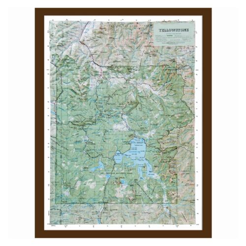 Detailed map of Yellowstone National Park with topographic features, trails, and lakes, perfect for outdoor enthusiasts and travelers planning their visit to Wyoming's iconic national park.