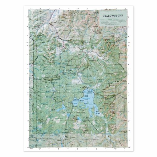 Map of Yellowstone National Park with detailed topography, lakes, rivers, and park boundaries, ideal for outdoor enthusiasts, travelers, and map collectors.