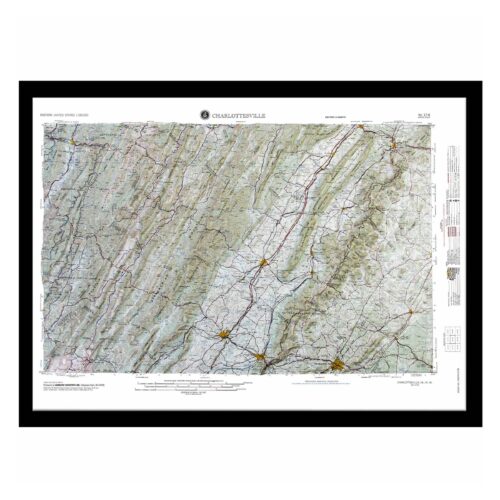 Detailed map of Charlottesville, Virginia, showcasing topographic features, roads, and landmarks for accurate navigation and outdoor exploration. Ideal for travelers, hikers, and map enthusiasts.