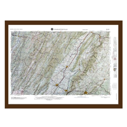 Detailed map of Charlottesville showcasing topographic features, roads, and landmarks, perfect for navigation and travel planning.