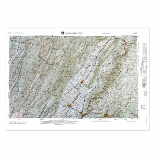 Detailed topographic map of Charlottesville, Virginia, featuring roads, elevation, and geographic features for navigation and outdoor exploration.
