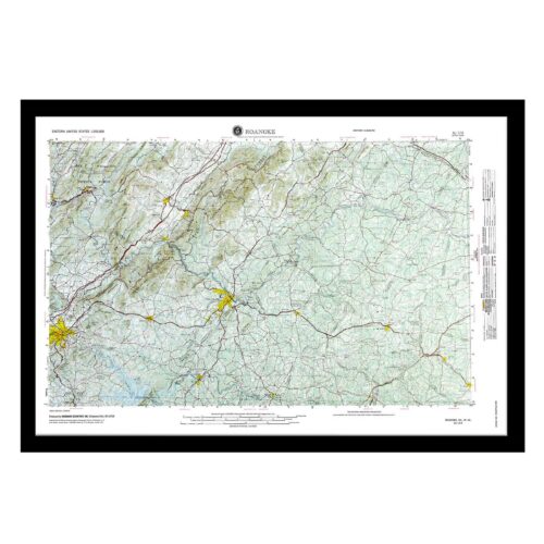 Topographic map of Roanoke, Virginia, highlighting detailed terrain features, roads, and geographic data for outdoor navigation and travel planning.