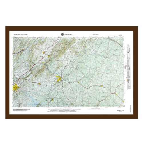 Detailed topographic map of Roanoke, Virginia, showing highways, elevation contours, rivers, and city layout, available from The Map Shop for travel and geographic reference.