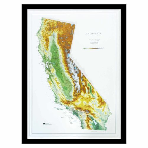 Color topographic map of California showcasing mountain ranges, valleys, and elevation details, ideal for geography enthusiasts, travelers, and educational purposes.