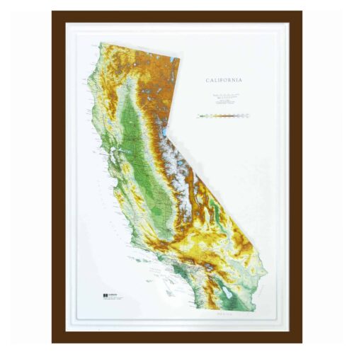 Detailed topographic map of California with elevation, mountain ranges, and geographic features, suitable for travel planning, hiking, and outdoor activities.