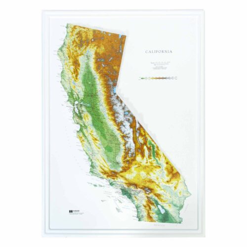 Detailed topographic map of California highlighting mountain ranges, elevations, and geographical features, suitable for outdoor enthusiasts, travelers, and geographic research.