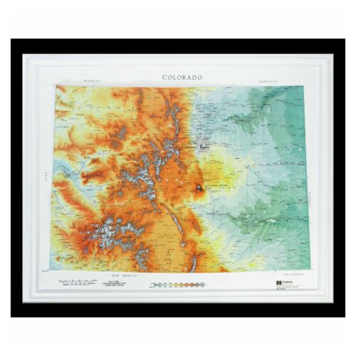 Colorful topographic map of Colorado showing mountain ranges, valleys, and elevation details, ideal for outdoor enthusiasts, travelers, or educational use.