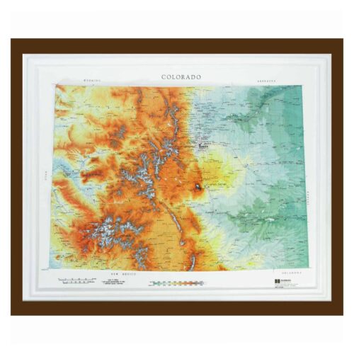 Colorful topographical map of Colorado showing mountain ranges, elevation, and terrain features, ideal for outdoor recreation and navigation.