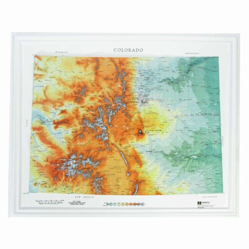 Colorful topographic map of Colorado and surrounding states, showcasing elevation, mountain ranges, and geographical features, ideal for travel, navigation, and outdoor adventure planning.