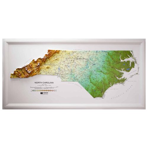 Detailed topographic map of North Carolina with elevation, terrain features, and geographic details, ideal for outdoor enthusiasts, travelers, and geography students.