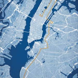 Route map of New York City showing a highlighted transit or walking route across Manhattan and surrounding areas.