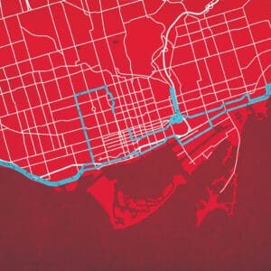 Highly detailed map of downtown with transit routes highlighted in blue, showcasing the comprehensive mapping services provided by The Map Shop for urban navigation and travel planning.