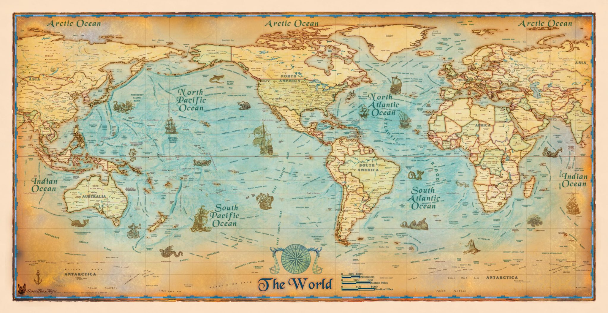Antique World Wall Map USA Centered