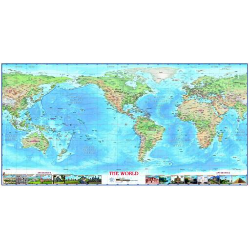 World Physical Wall Map w/Wonders Americas Centered by Compart
