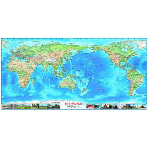World Physical Wall Map w/Wonders Pacific Centered by Compart