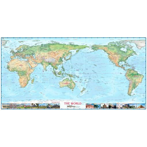 World Physical Wall Map w/Wonders Pacific Centered (Light Oceans) by Compart