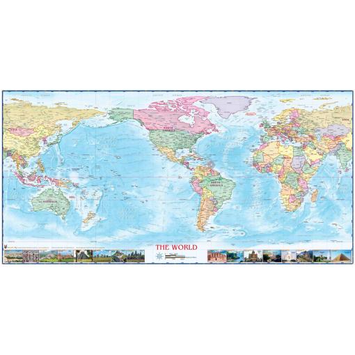 World Political Wall Map w/Wonders Americas Centered (Light Oceans) by Compart