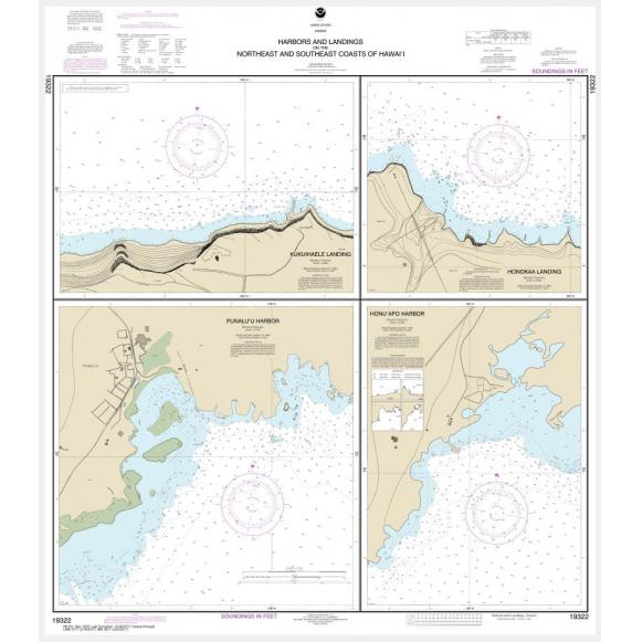NOAA Chart - Harbors and Landings on the Northeast and Southeast Coasts of Hawaii; Punaluu Harbor; Honuapo Bay; Honokaa Landing; Kukuihaele Landing - 19322