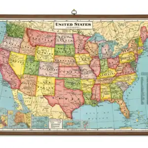 Colorful United States wall map with detailed state boundaries and geographic features, ideal for classrooms, offices, or home decor, available at The Map Shop.