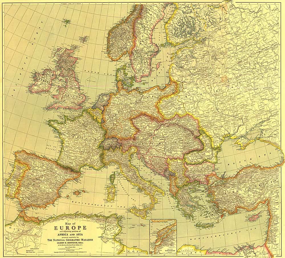 Europe Map with Africa and Asia 1915 - National Geographic