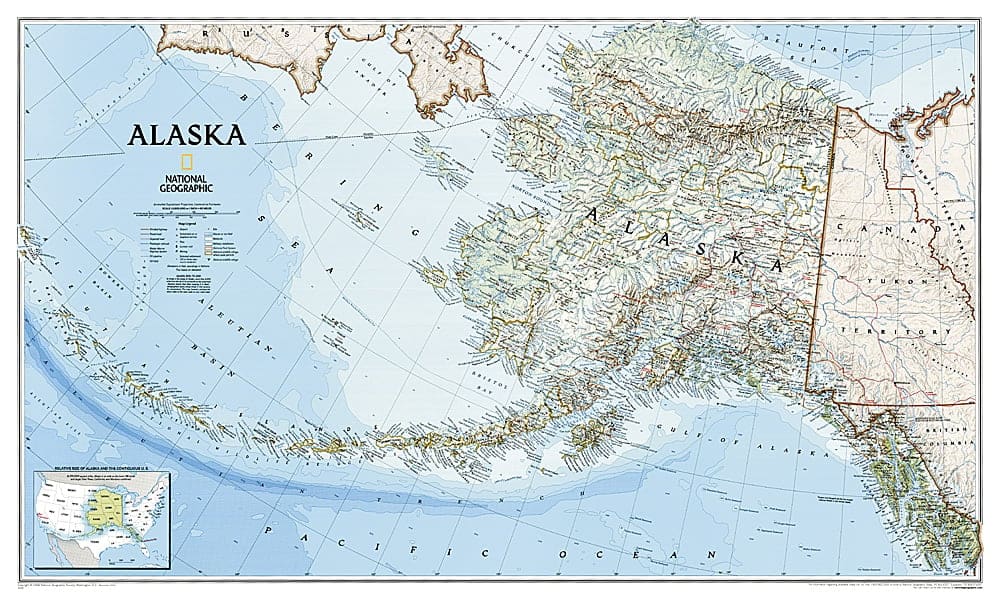 Alaska map showing detailed geographic features, including mountains, rivers, and cities, published by National Geographic in 2002.
