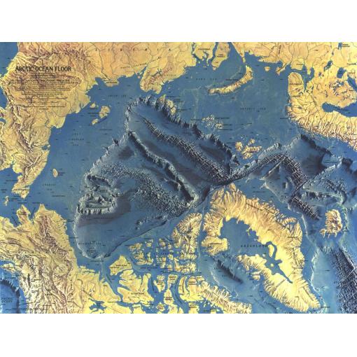 Detailed topographic map of the Arctic Ocean floor highlighting underwater mountain ranges and oceanic features. Ideal for marine navigation, geographic research, and oceanography enthusiasts.