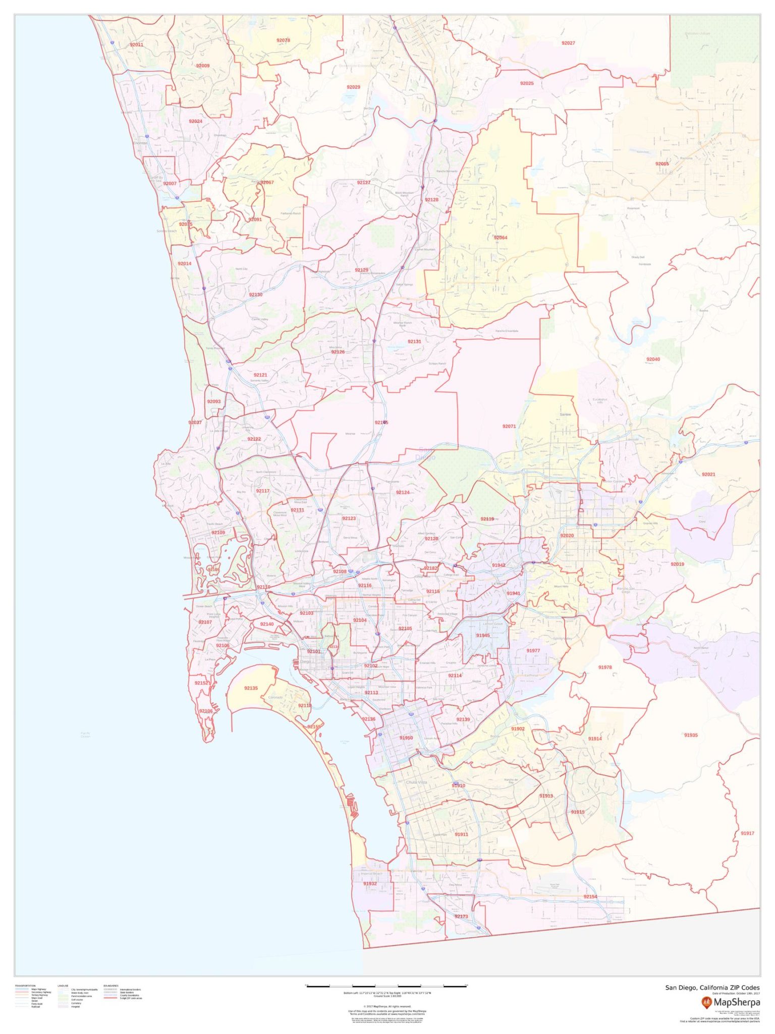 San Diego California Zip Codes By Map Sherpa The Map Shop