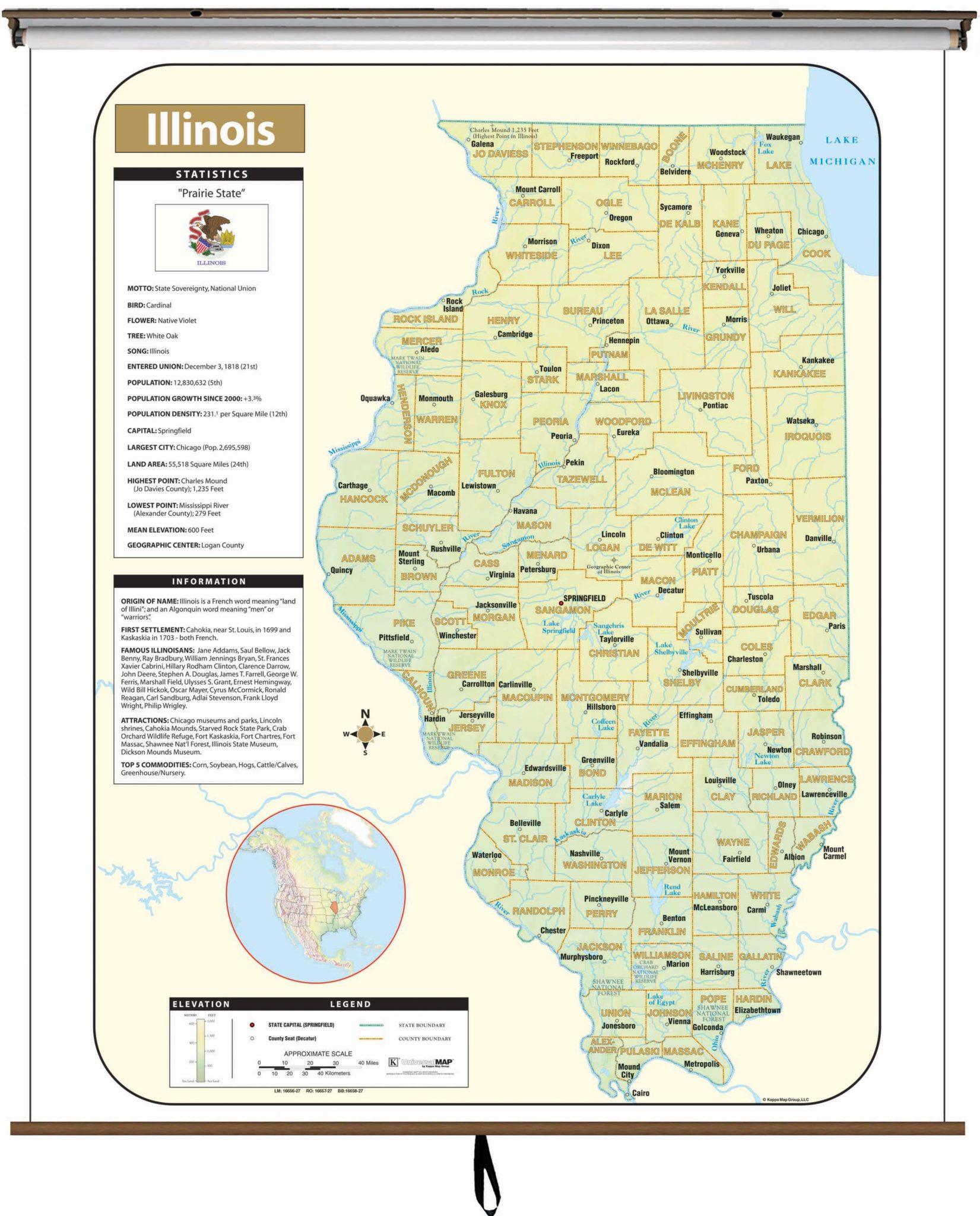 Illinois Large Scale Shaded Relief Wall Map on Roller with Backboard