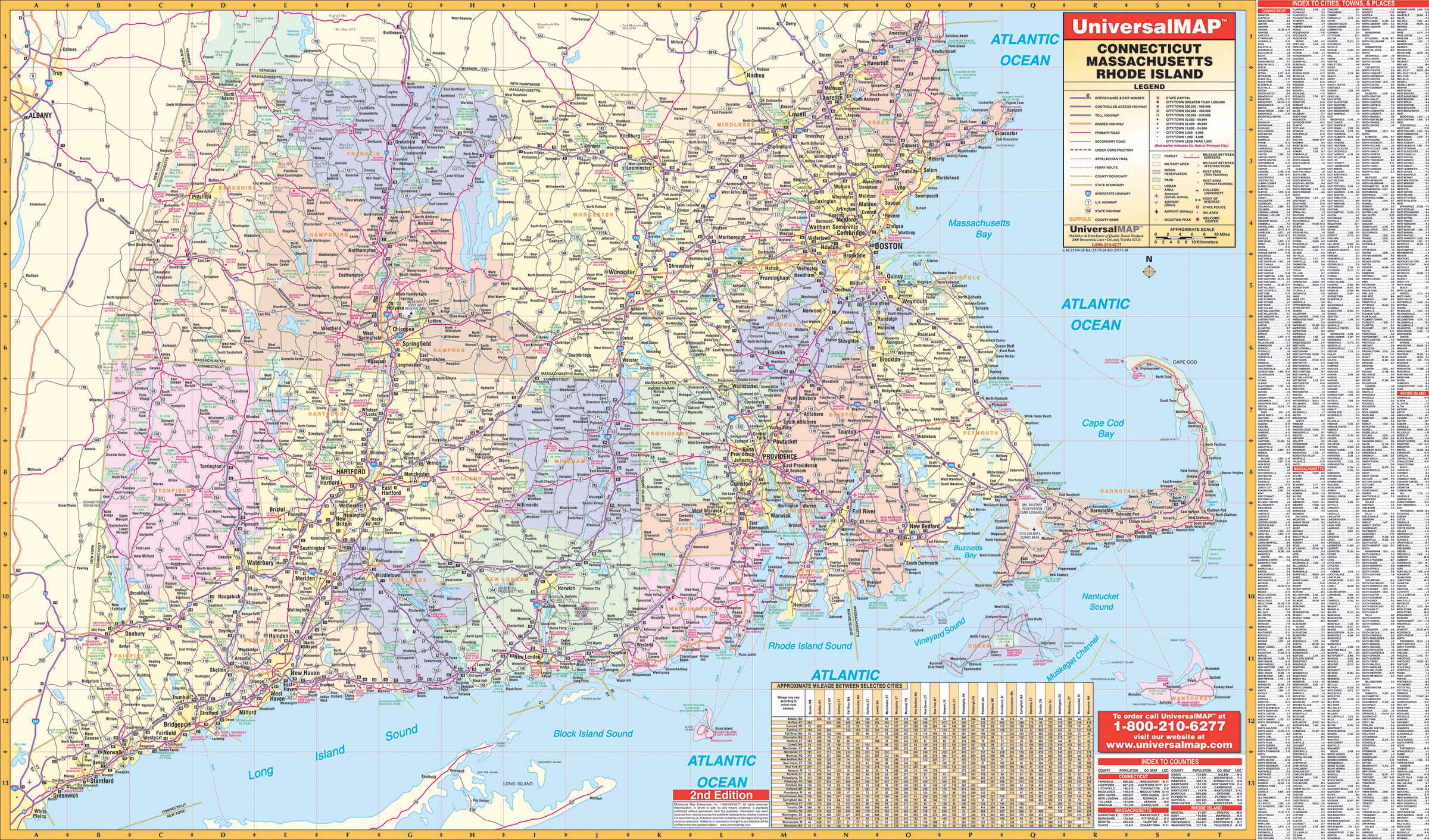 Connecticut, Rhode Island & Massachusetts Regional Wall Map by Kappa