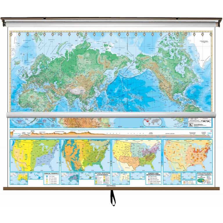 US/World Advanced Physical Classroom Combo Wall Map on Roller w ...