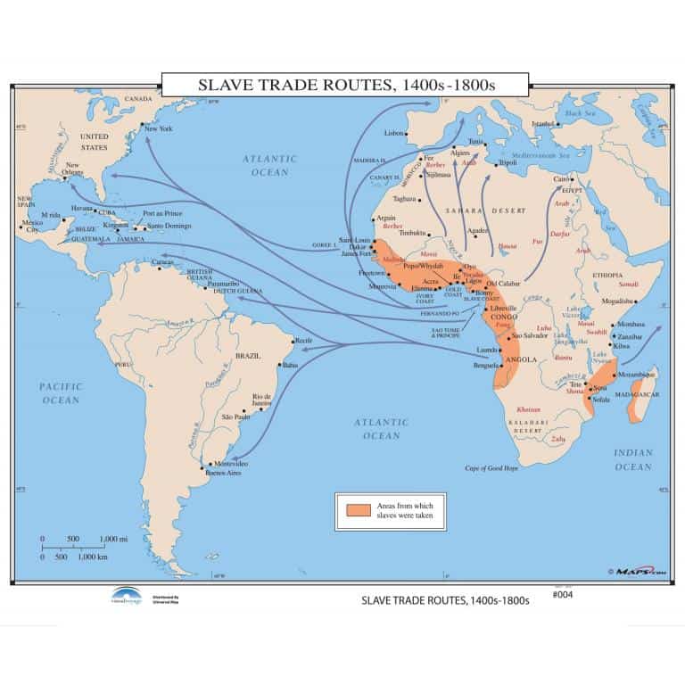 Enslave Cornrow Map Routes #004 Slave Trade Routes, 1400s-1800s on Roller w/ Backboard - The Map Shop