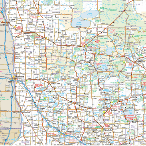 Minnesota map with detailed roads, lakes, parks, and cities, ideal for navigation and trip planning in the Bemidji, Brainerd, Fargo, and surrounding areas. The map highlights key landmarks, routes, and natural features.