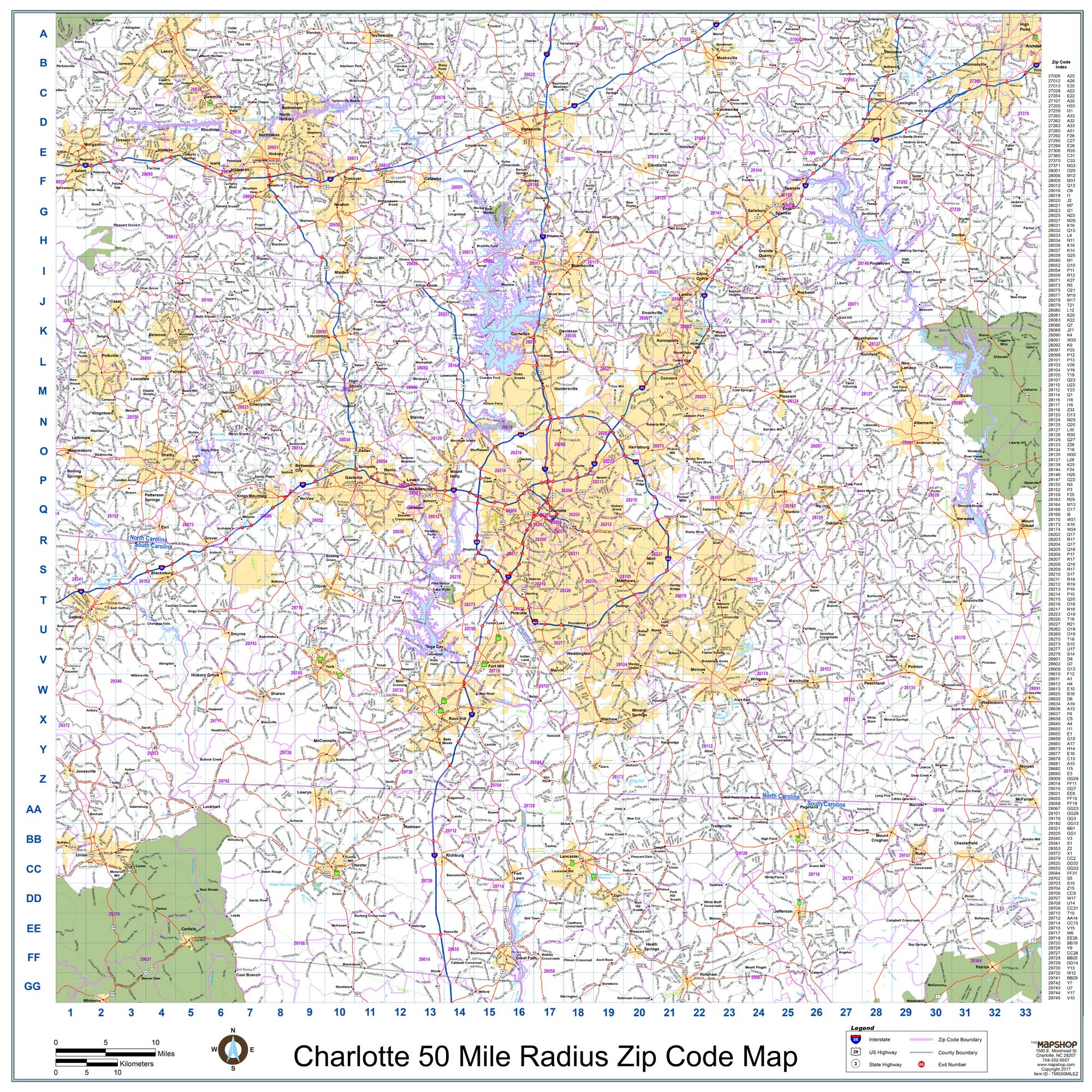 Map Of Charlotte Nc Charlotte 50-Mile Radius Wall Map With Zip Codes - The Map Shop
