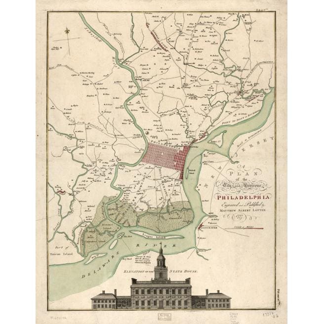 Philadelphia city map historical diagram, showing streets, waterways, and landmarks, created by Matthew Albert Lotter, ideal for vintage map collectors and Philadelphia history enthusiasts.