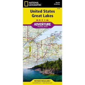 Detailed map of Great Lakes region with vibrant colors and labeled key locations, ideal for travel planning and outdoor adventures.
