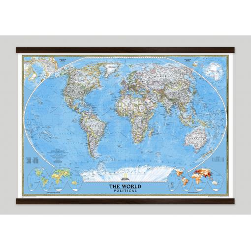 Political world map with detailed country borders, capitals, and geographic features, ideal for educational purposes, offices, or home decor, showcasing global geography and world landmarks.