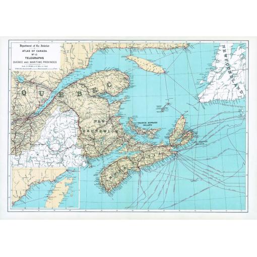 Detailed vintage map of Quebec and maritime provinces, showing telegraph routes and geographic features, ideal for historical map enthusiasts and navigation reference.