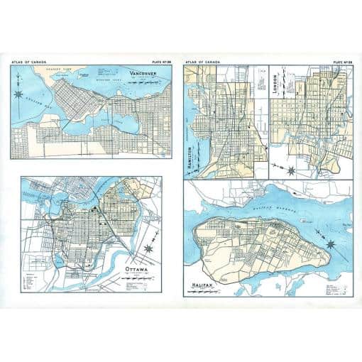 Detailed maps of Canadian cities including Vancouver, Hamilton, Ottawa, Halifax, and London, showcasing street layouts, waterways, and geographic features for travel and navigation.