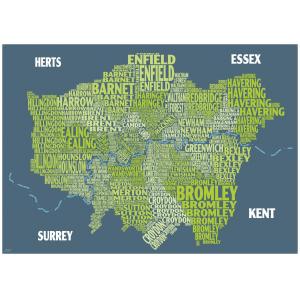 Graphic Map London - boroughs, green background by Oxford Cartographers