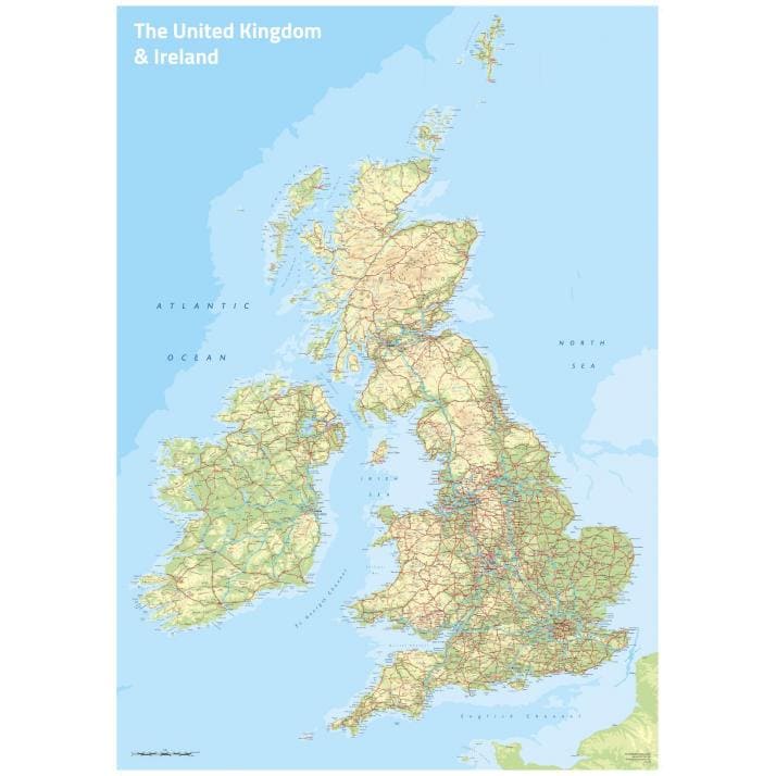 Detailed map of the United Kingdom and Ireland, showcasing roads, cities, and geographical features for travelers and map enthusiasts.